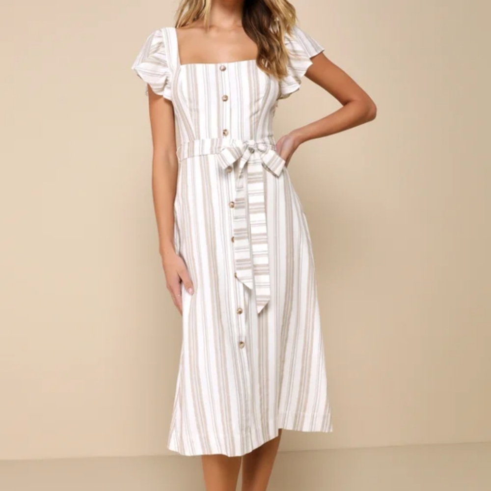 Lulu's Cream and Tan Striped Button-Front Midi Dress